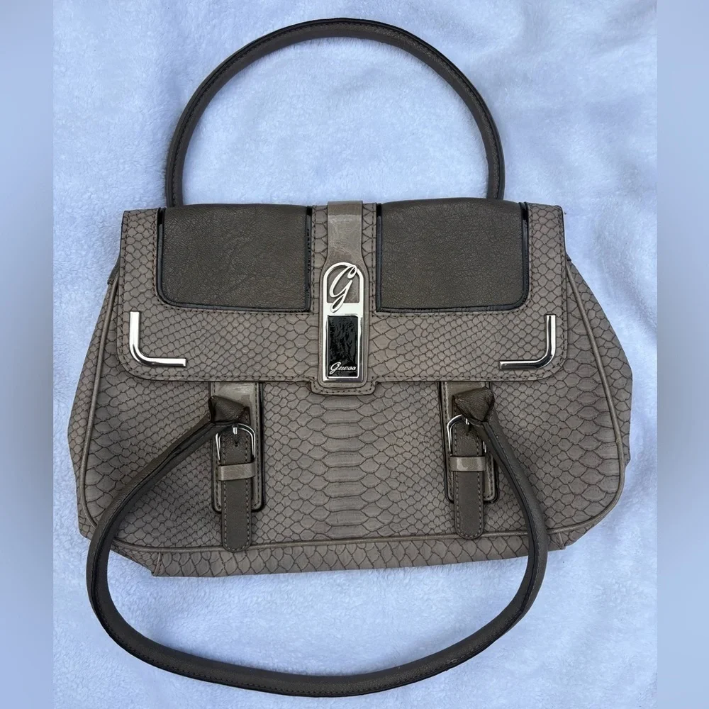 GUESS Gray Snakeskin Embossed Satchel Handbag | Silver Hardware | Floral Lining - Picture 3 of 9